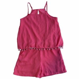 Bright Pink Girls Pom-Pom Trim Romper
